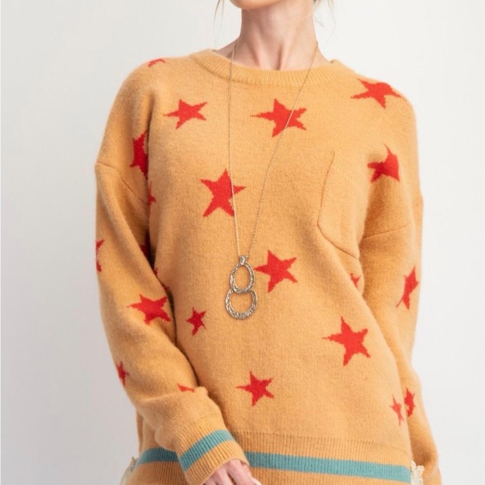 Easel Mustard Sweater with Red Stars - Picture 1 of 3